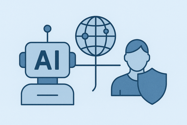 Flat-style digital illustration showing an AI robot head, a connected global network icon, and a person with a shield.